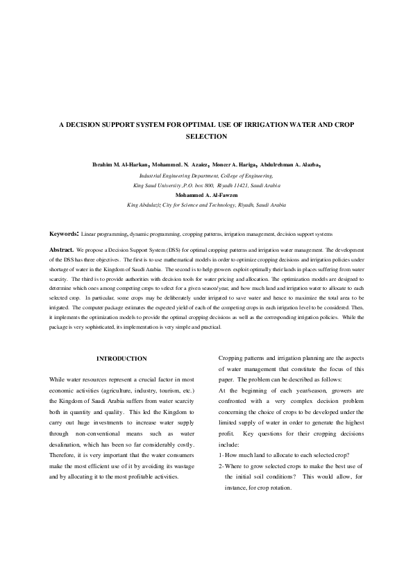 (PDF) Decision support system for optimal use of irrigation water and ...