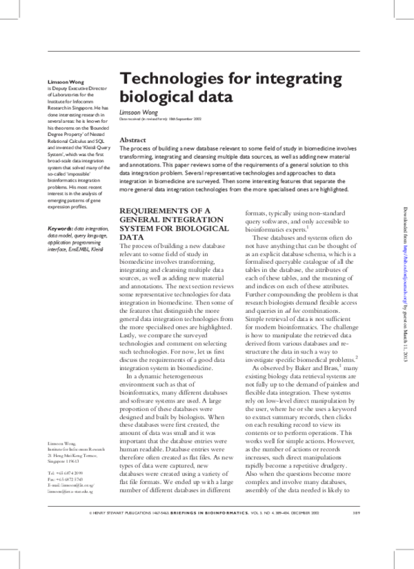 (PDF) Technologies for Integrating Biological Data