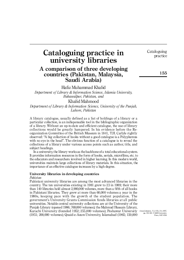 (PDF) Cataloguing practice in university libraries A comparison of