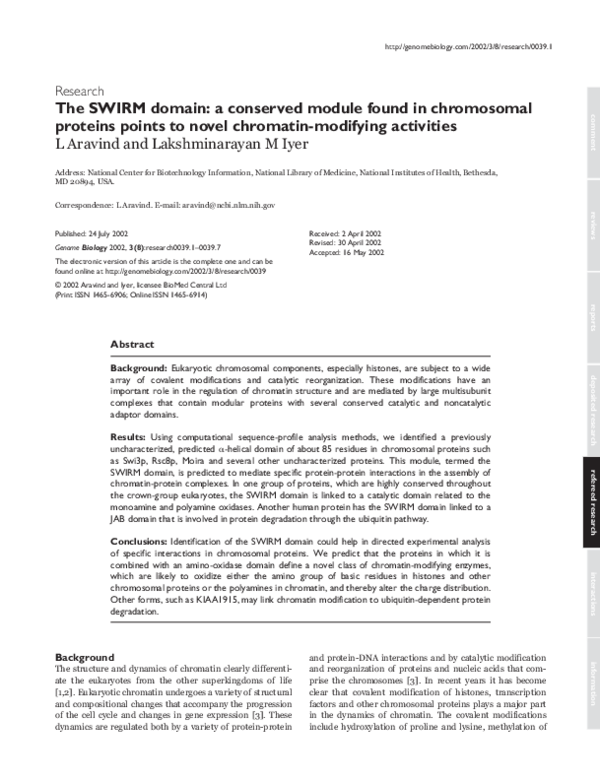 (PDF) The SWIRM domain: a conserved module found in chromosomal ...