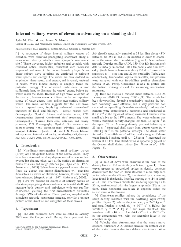 (PDF) Internal solitary waves of elevation advancing on a shoaling shelf