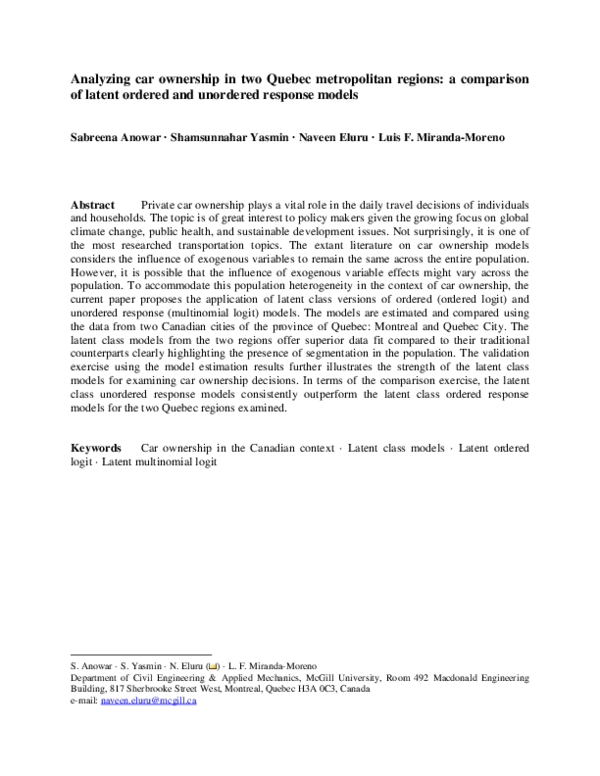 (PDF) Analyzing car ownership in two Quebec metropolitan regions: a ...