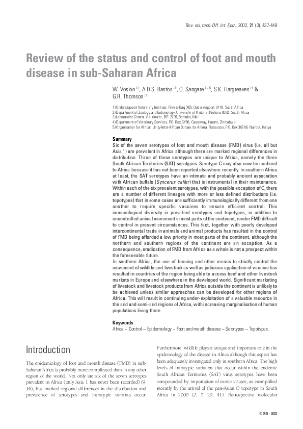 (PDF) Review of the status and control of foot and mouth disease in Sub