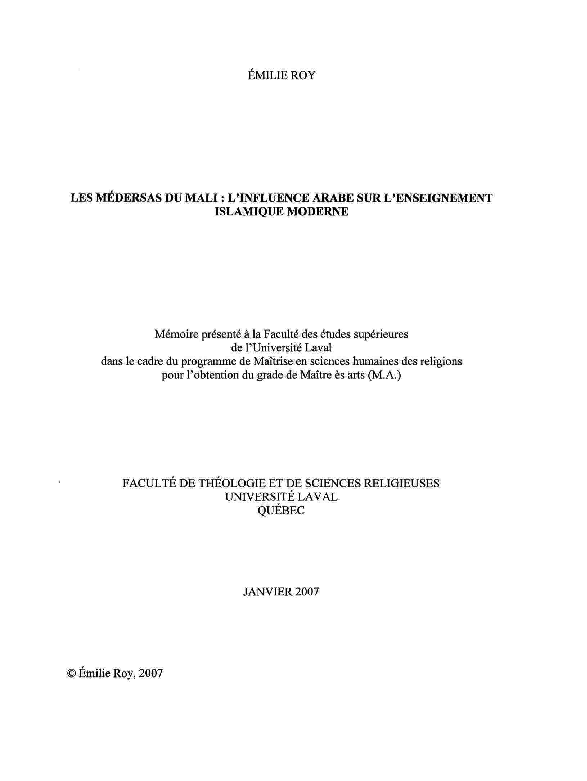 Pdf Les Medersas Du Mali L Influence Arabe Sur L Enseignement Islamique Moderne Emilie Roy Academia Edu