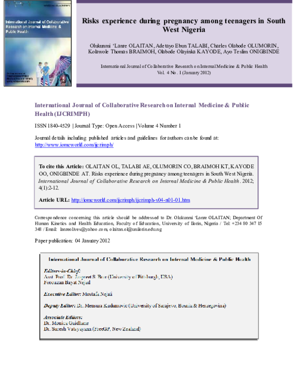 (PDF) Risks experience during pregnancy among teenagers in South West ...