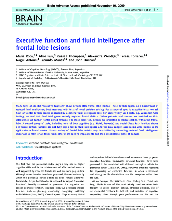 (PDF) Executive function and fluid intelligence after frontal lobe lesions