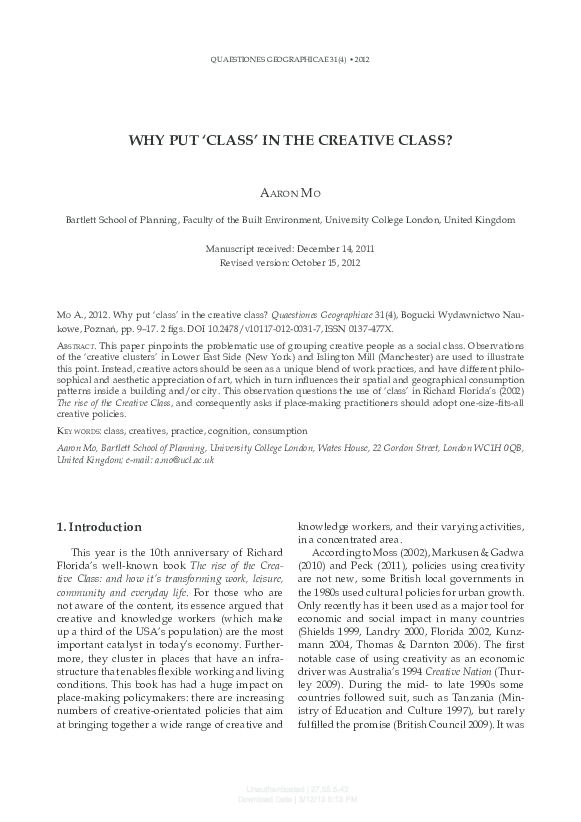(PDF) Why Put ‘Class’ in the Creative Class?