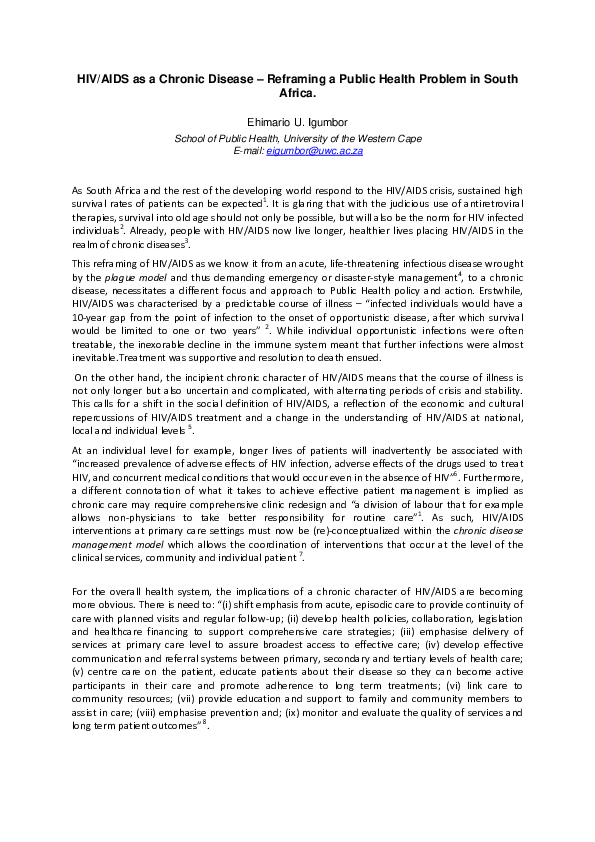 (PDF) HIV/AIDS as a Chronic Disease–Reframing a Public Health Problem ...