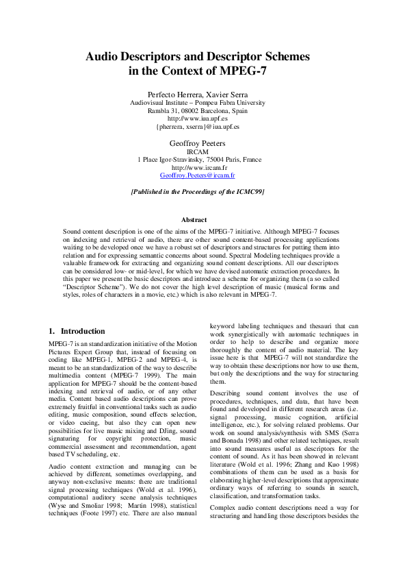 (PDF) Audio descriptors and descriptor schemes in the context of MPEG7