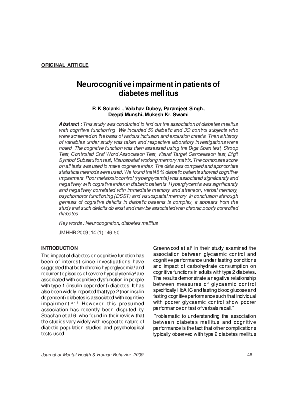 (PDF) Neurocognitive impairment in patients of diabetes mellitus