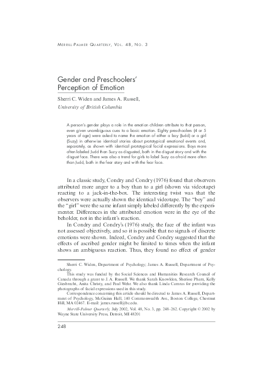 (PDF) Gender and preschoolers' perception of emotion