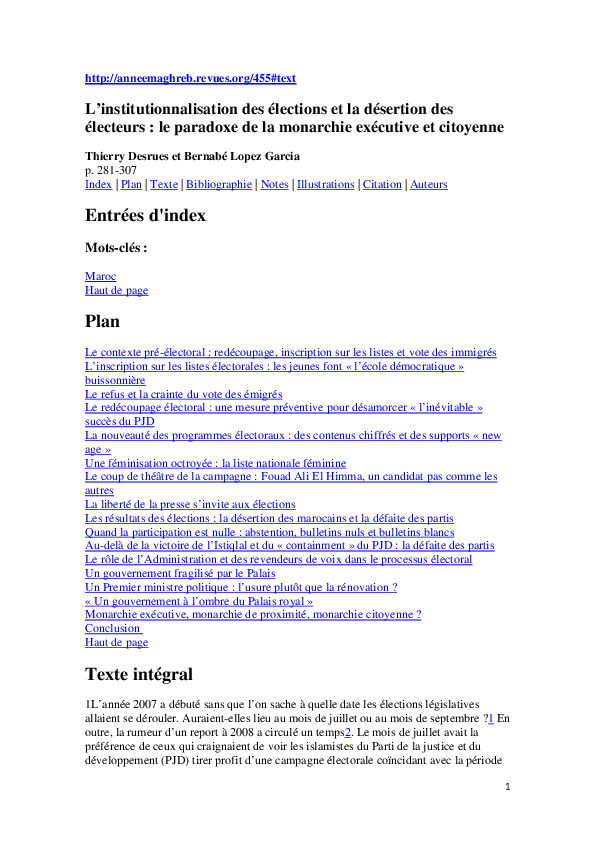 Pdf L Institutionnalisation Des Elections Et La Desertion Des Electeurs Le Paradoxe De La Monarchie Executive Et Citoyenne En Colaboracion Con Thierry Desrues Bernabe Lopez Garcia Academia Edu