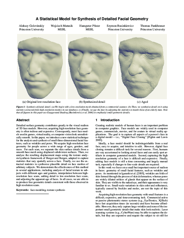 (PDF) A statistical model for synthesis of detailed facial geometry