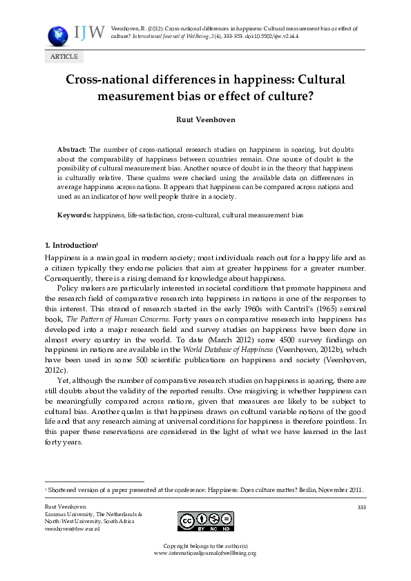 (PDF) Crossnational differences in happiness Cultural measurement