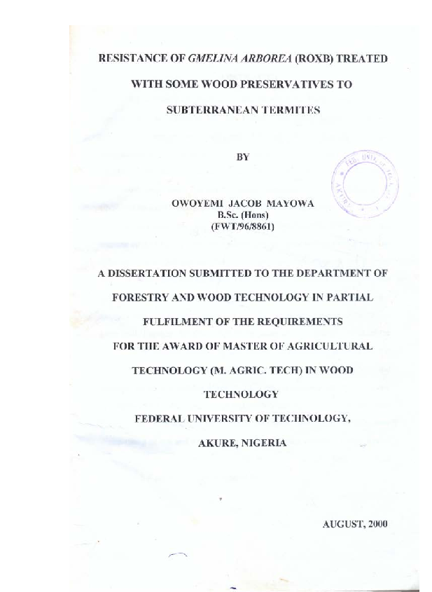 (PDF) RESISTANCE OF GMELINA ARBOREA (ROXB) TREATED WITH SOME WOOD PRESERVATIVES TO SUBTERRANEAN