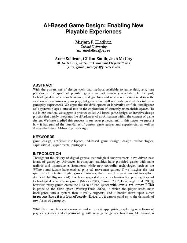 (PDF) AI-Based Game Design: Enabling New Playable Experiences