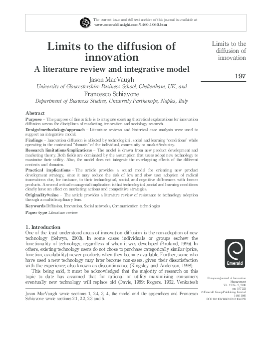 (PDF) Limits to the diffusion of innovation: a literature review and ...