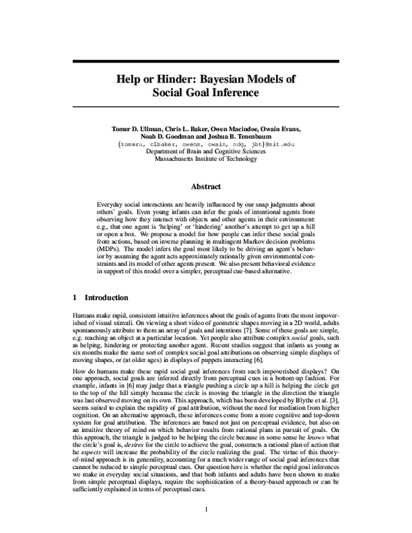 (PDF) Help or Hinder: Bayesian Models of Social Goal Inference