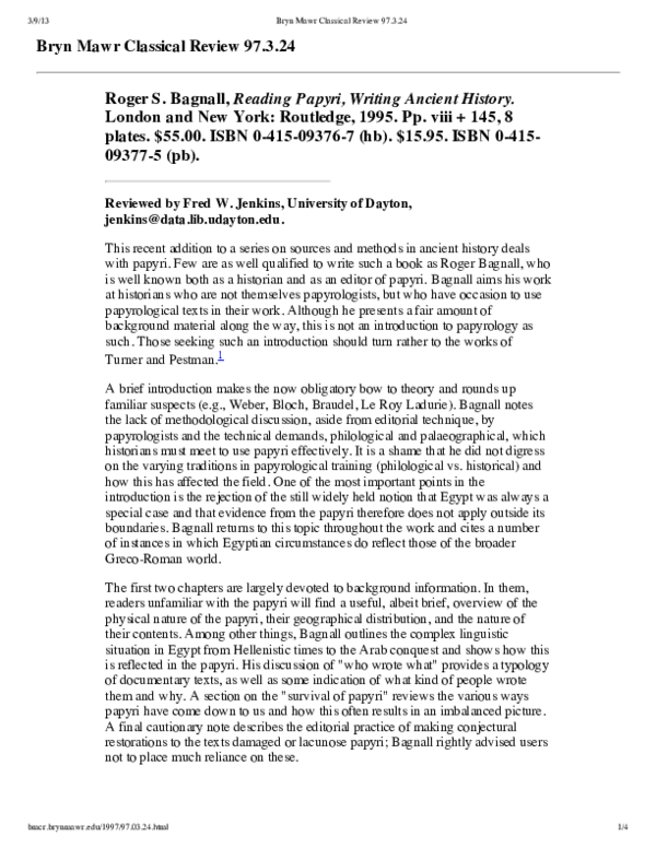 (PDF) Roger S. Bagnall, Reading Papyri, Writing Ancient History. London