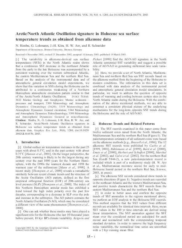 Arctic/North Atlantic Oscillation signature in Holocene sea surface temperature trends as obtained from alkenone data