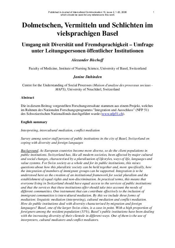 (PDF) Dolmetschen, Vermitteln und Schlichten im vielsprachigen Basel