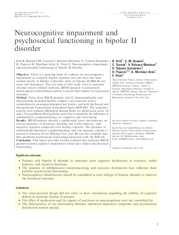 (PDF) Neurocognitive impairment and psychosocial functioning in bipolar ...