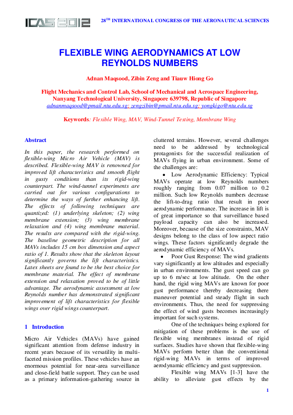 (PDF) FLEXIBLE WING AERODYNAMICS AT LOW REYNOLDS NUMBERS