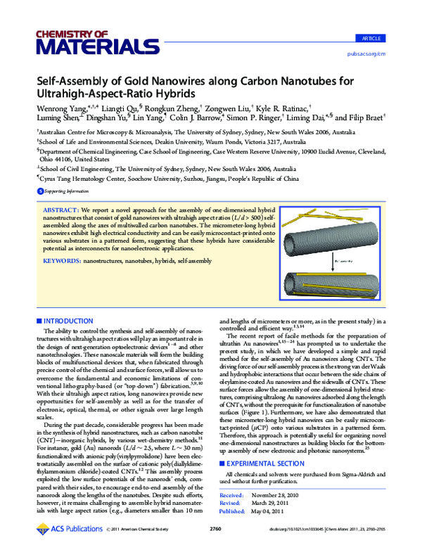 (PDF) Self-Assembly of Gold Nanowires along Carbon Nanotubes for ...