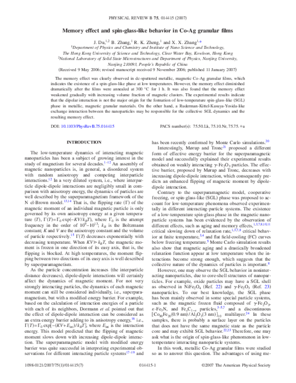 (PDF) Memory effect and spinglasslike behavior in CoAg granular