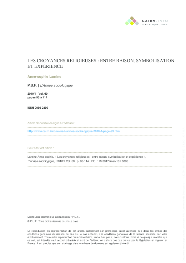 (PDF) Les croyances religieuses : entre raison, symbolisation et ...