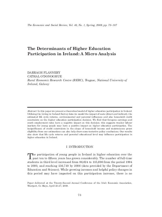 (PDF) The determinants of higher education participation in ireland: A ...