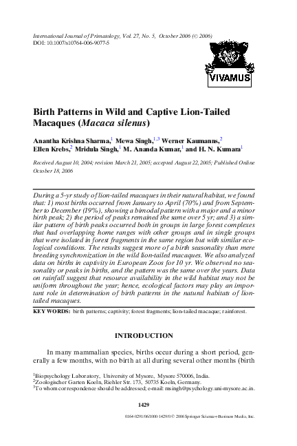 (PDF) Birth patterns in wild and captive lion-tailed macaques (Macaca ...