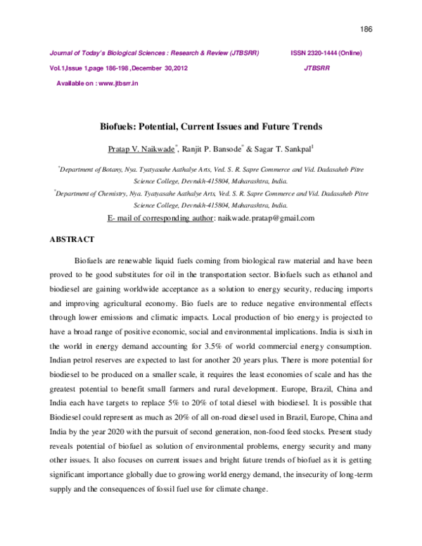 (PDF) Biofuels: Potential, Current Issues and Future Trends