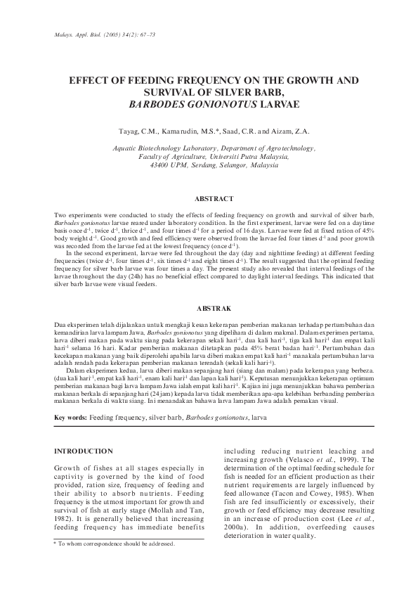 (PDF) Effect of feeding frequency on the growth and survival of silver ...