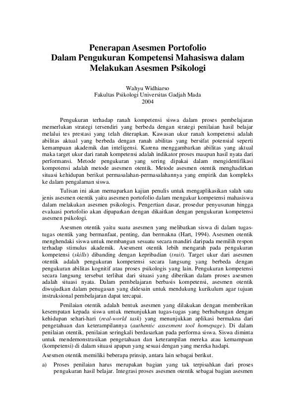 Pdf Penerapan Asesmen Portofolio Dalam Pengukuran Kompetensi Mahasiswa Dalam Melakukan Asesmen Psikologi Wahyu Widhiarso Academia Edu