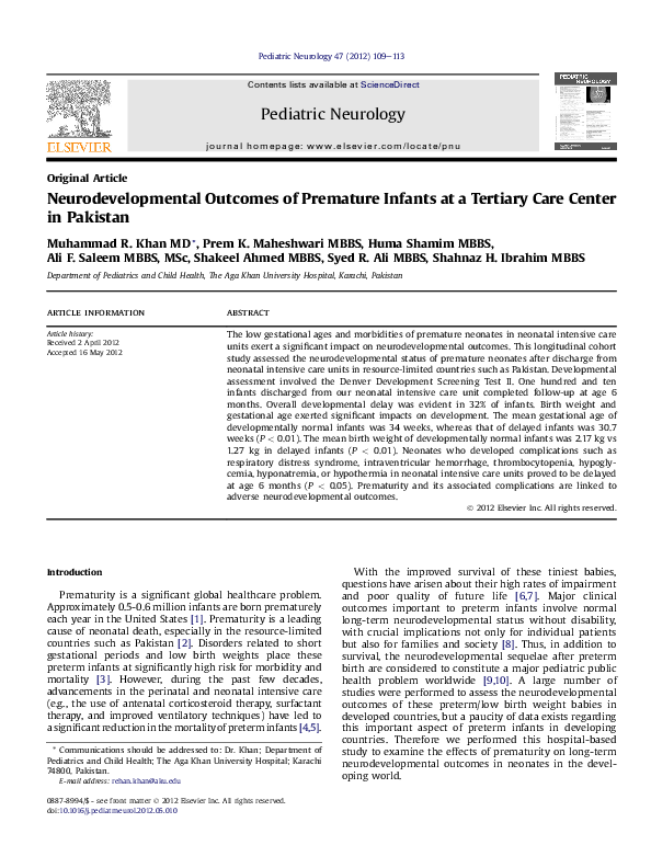 (PDF) Neurodevelopmental Outcomes of Premature Infants at a Tertiary ...