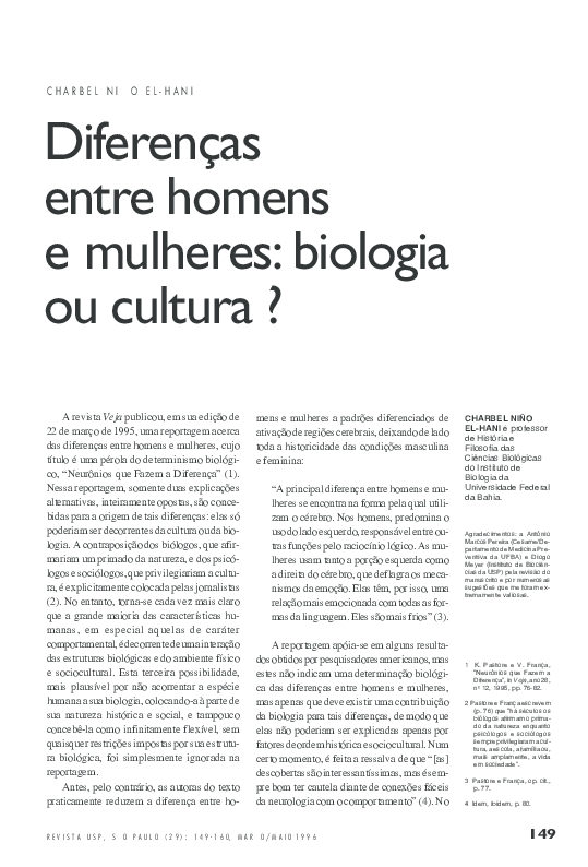 (PDF) Diferenças entre homens e mulheres: biologia ou cultura