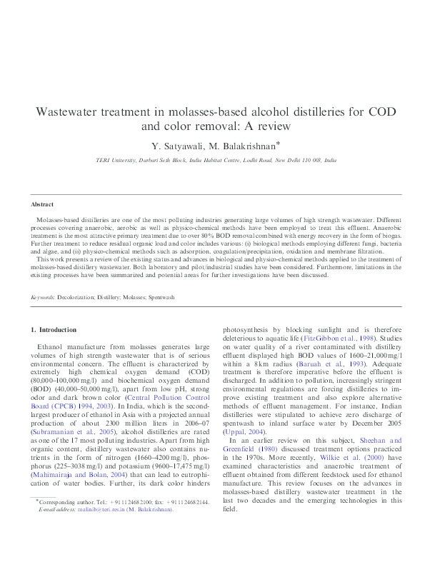 (PDF) Wastewater treatment in molassesbased alcohol distilleries for