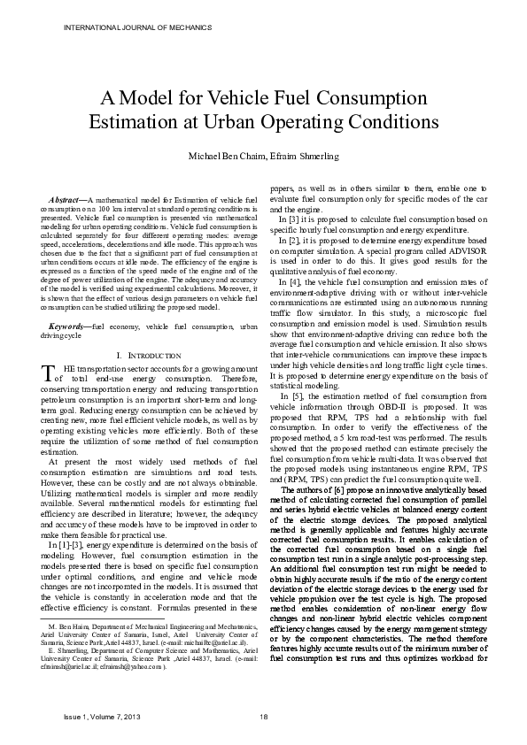 (PDF) A Model for Vehicle Fuel Consumption Estimation at Urban ...
