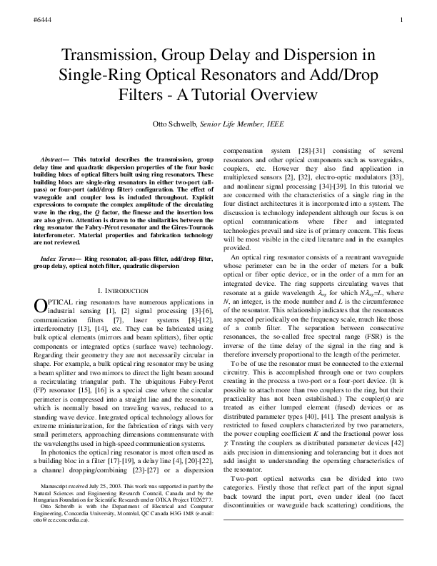 (PDF) Transmission, group delay and dispersion characteristics of ...