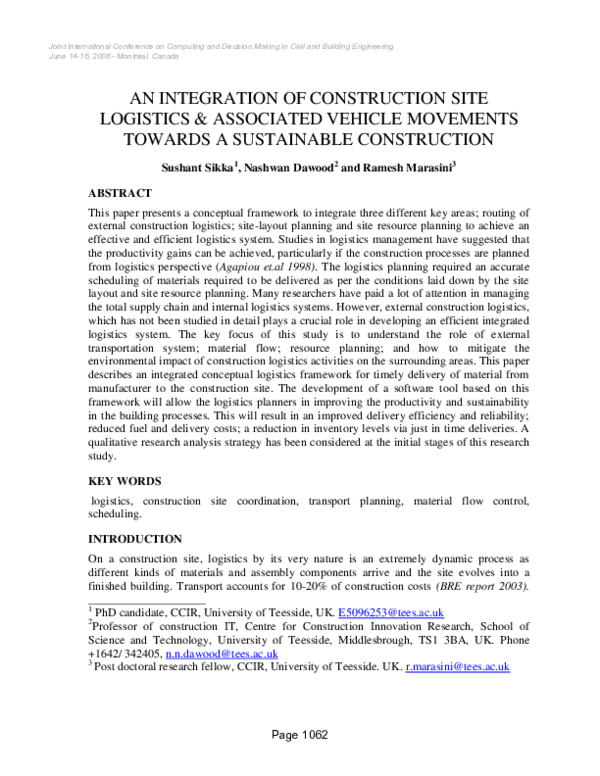 (PDF) AN INTEGRATION OF CONSTRUCTION SITE LOGISTICS & ASSOCIATED
