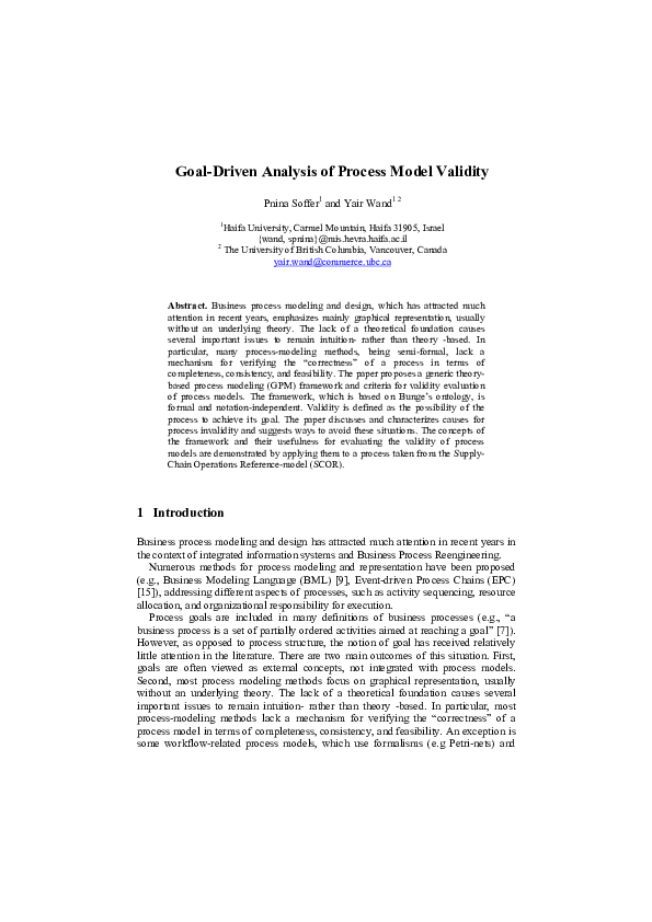 (PDF) Goaldriven analysis of process model validity Pnina Soffer