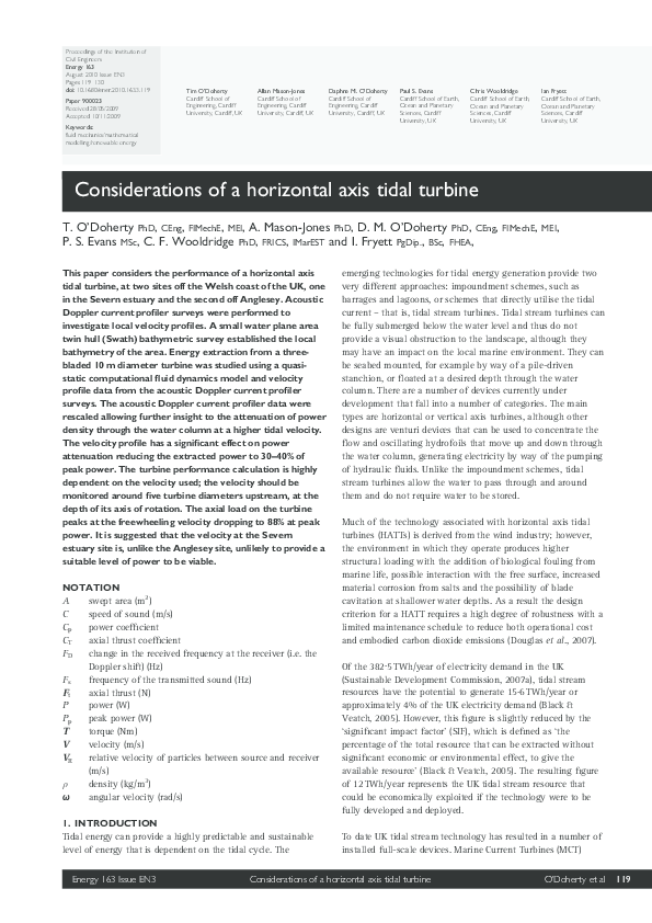 (PDF) Considerations of a horizontal axis tidal turbine