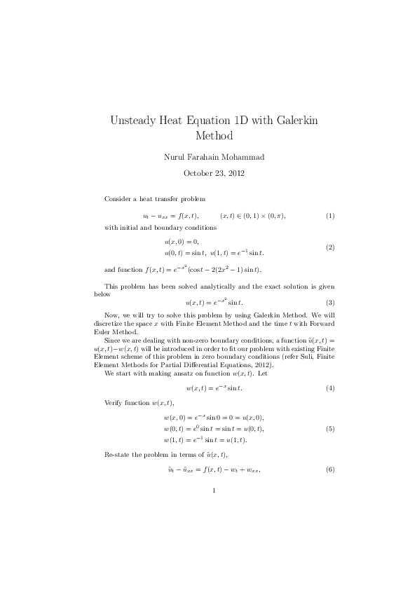 (PDF) Unsteady Heat Equation 1D with Galerkin Method