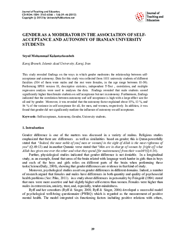 (PDF) Gender As a Moderator In The Association Of Self-acceptance and ...