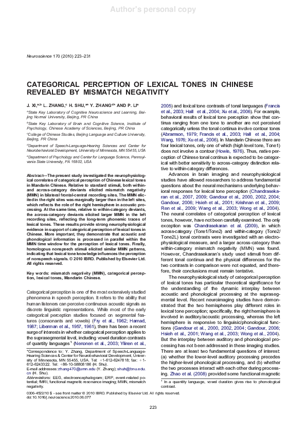 (PDF) Categorical perception of lexical tones in Chinese revealed by ...