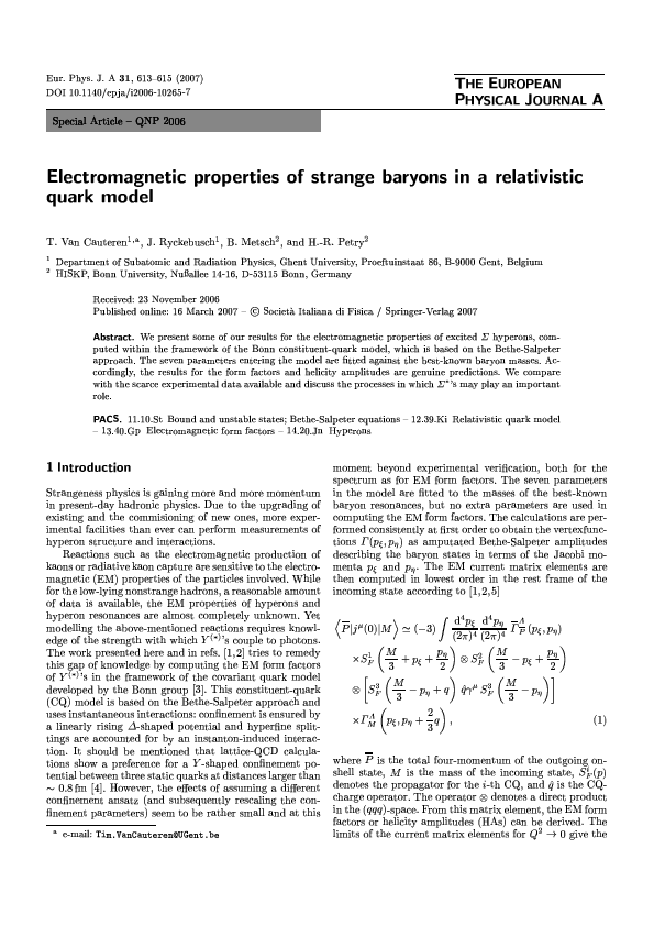 Pdf Electromagnetic Properties Of Strange Baryons In A Relativistic Quark Model Jan Ryckebusch Academia Edu