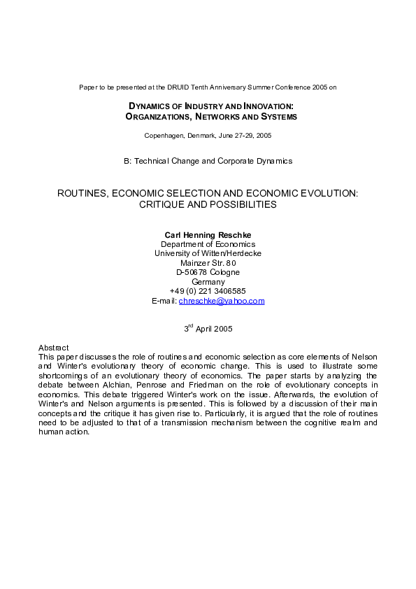 (PDF) Routines, Economic Selection and Economic Evolution Critique and