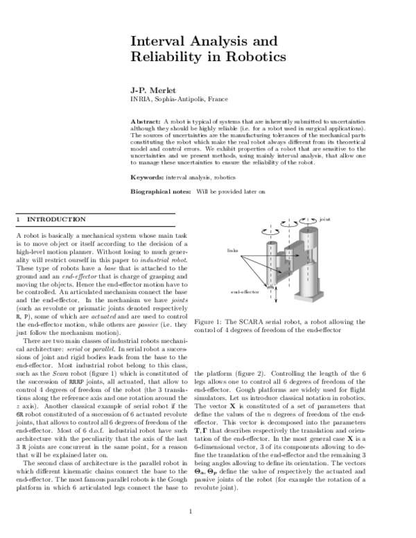 (PDF) Interval analysis and reliability in robotics