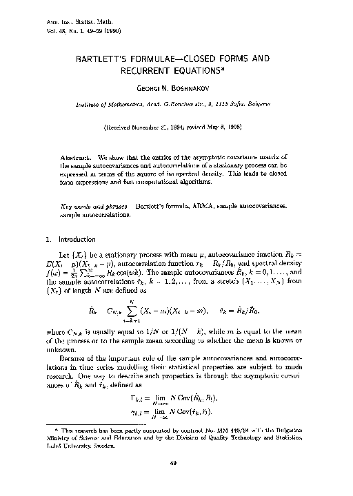 (PDF) Bartlett's formulae—Closed forms and recurrent equations